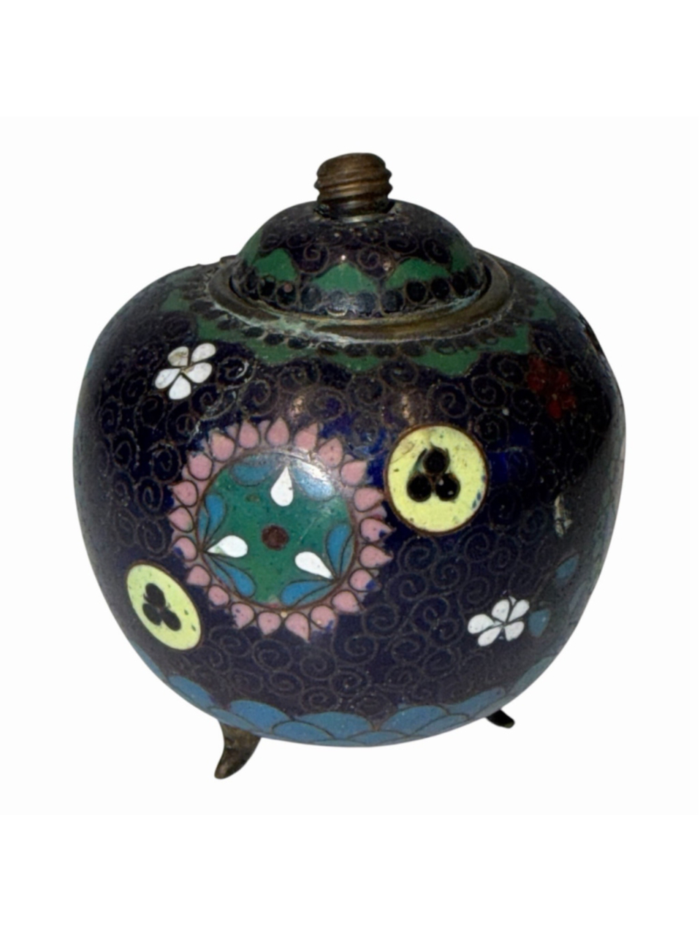 VTG Chinese Cloisonne Miniature Tripod Censer Jar Blue Enamel Floral Brass 2.25”